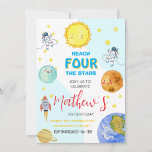Cute Outer Space 4th Kid Birthday Invitation