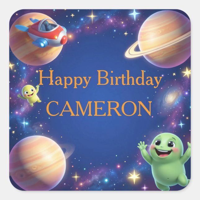 Cute Outer Space Aliens Birthday Party Square Sticker (Front)