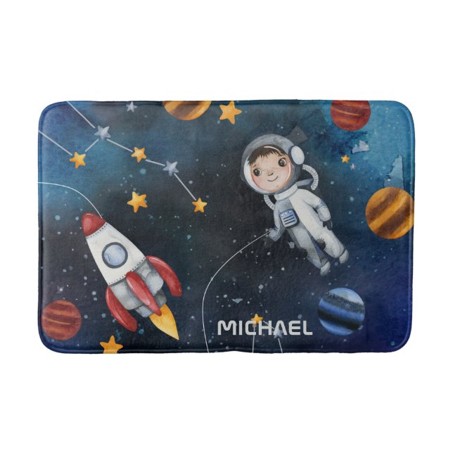 Cute Outer Space Astronaut Shuttle Personalised Bath Mat (Front)