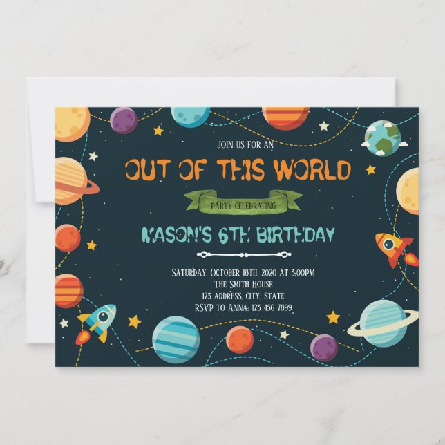 Cute outer space birthday party invitation (Front)