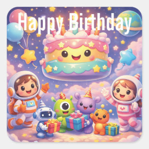 Cute Outer Space Birthday Party with Astronauts Square Sticker
