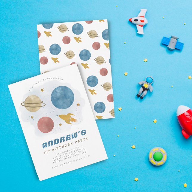 Cute Outer Space Planet Watercolor First Birthday Invitation (Creator Uploaded)