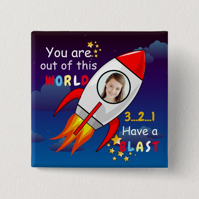 Cute Outer Space Rocket Ship Blast Off Birthday 15 Cm Square Badge (Front)