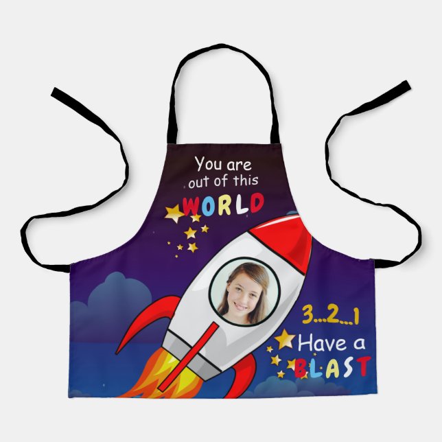 Cute Outer Space Rocket Ship Blast Off Birthday Apron (Front)