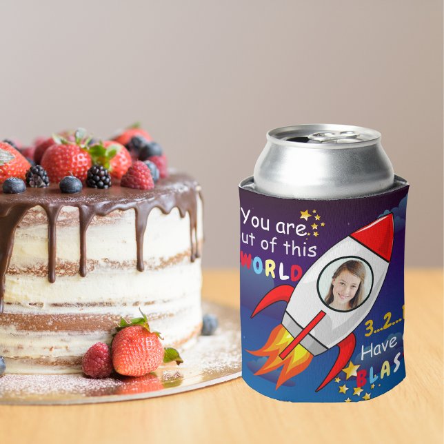 Cute Outer Space Rocket Ship Blast Off Birthday Can Cooler (Creator Uploaded)
