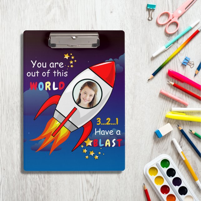 Cute Outer Space Rocket Ship Blast Off Birthday Clipboard (Creator Uploaded)