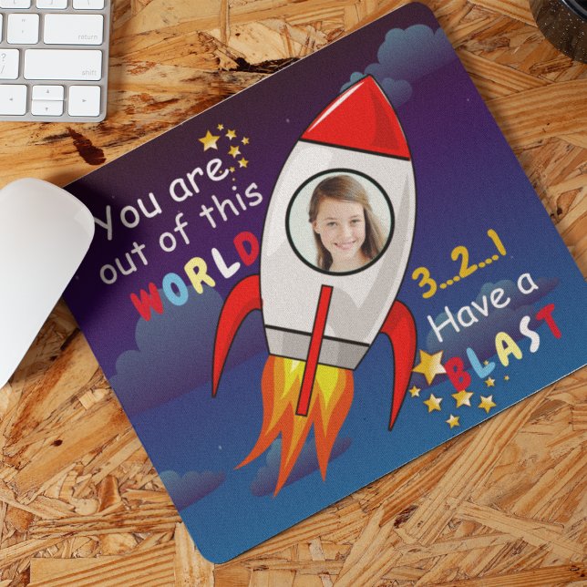 Cute Outer Space Rocket Ship Blast Off Birthday Mouse Mat (Creator Uploaded)