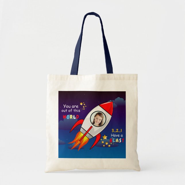 Cute Outer Space Rocket Ship Blast Off Birthday Tote Bag (Front)