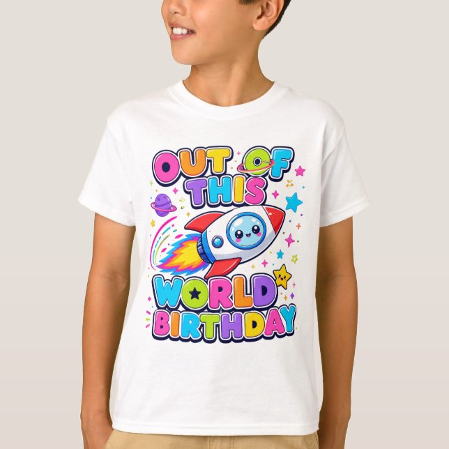 Cute Outer Space Rocket Ship Kids Birthday T-Shirt (Front)