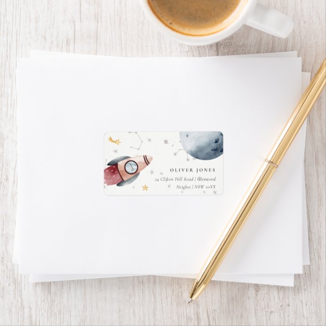 Cute Outer Space Starry Planets Monogram Address Label (Insitu)