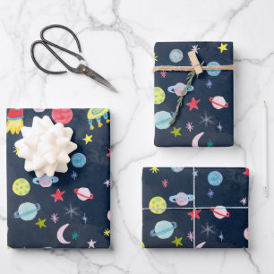 Cute Outer Space UFO Planets Moons Watercolor Gift Wrapping Paper Sheet