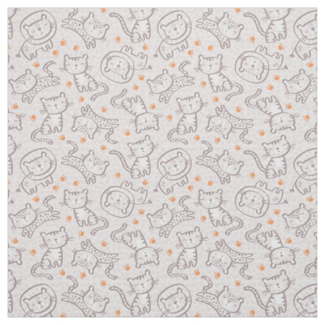 Cute Outline Jungle Animals with orange footprints Fabric (Swatch)