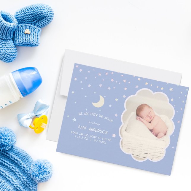 Cute Over The Moon and Stars Baby Photo Birth Announcement (Creator Uploaded)