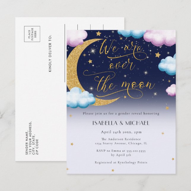 Cute Over the Moon Gender Reveal Party Invitation Postcard (Front/Back)