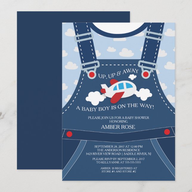 Cute Overalls Aeroplane Baby Shower Invitation (Front/Back)