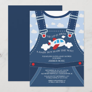 Cute Overalls Aeroplane Baby Shower Invitation