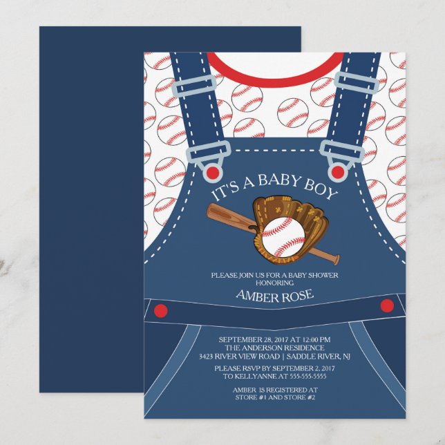 Cute Overalls BASEBALL Baby Shower Invitation (Front/Back)