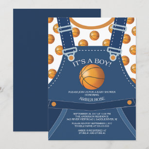 Cute Overalls BASKETBALL Baby Shower Invitation