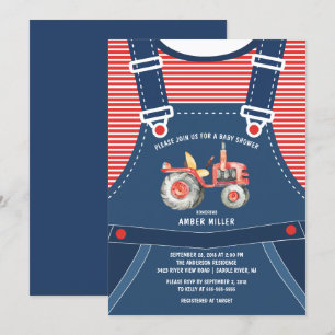 Cute Overalls Farm Tractor Baby Shower Invitation