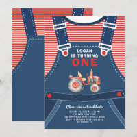Cute Overalls Farm Tractor Boys Birthday Invitatio