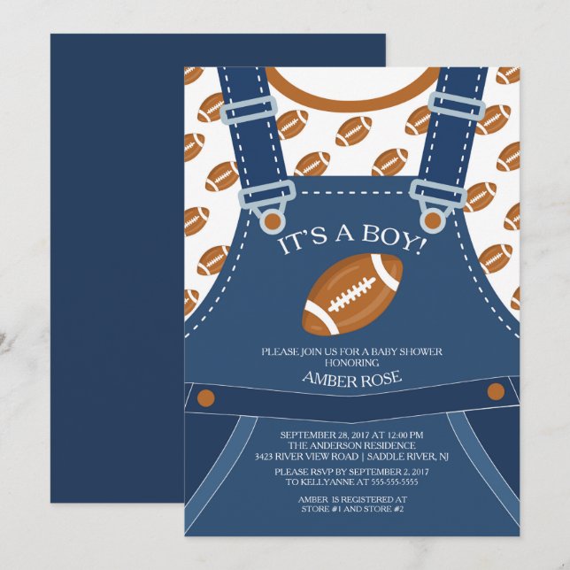 Cute Overalls FOOTBALL Baby Shower Invitation (Front/Back)