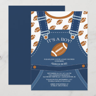 Cute Overalls FOOTBALL Baby Shower Invitation