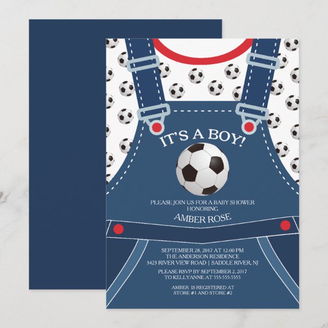 Cute Overalls SOCCER Ball Baby Shower Invitation (Front/Back)