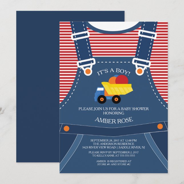 Cute Overalls Toy Truck Baby Shower Invitation (Front/Back)