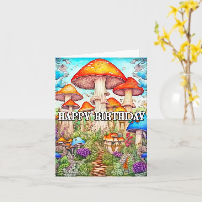 Cute Overgrown Mushroom Forest Illustration Card (Yellow Flower)