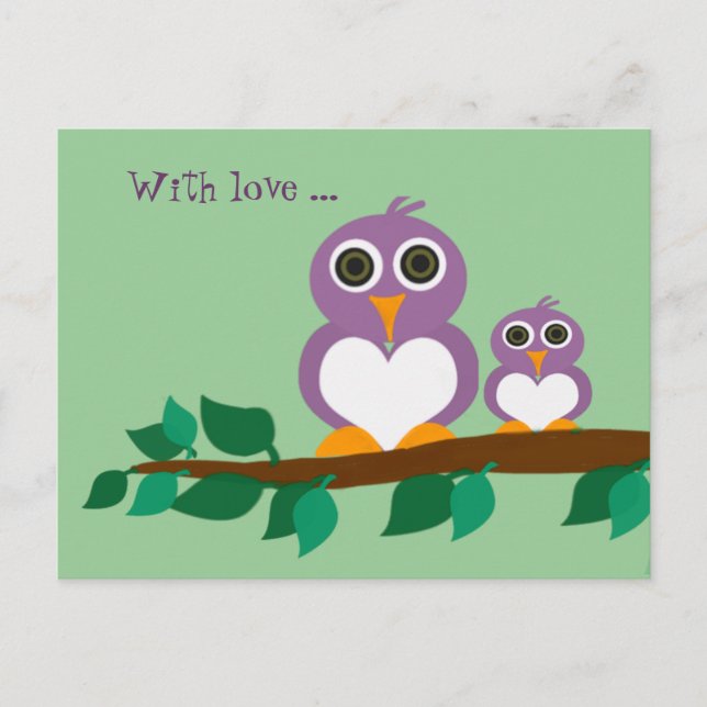 Cute owl and baby on tree postcard (Front)