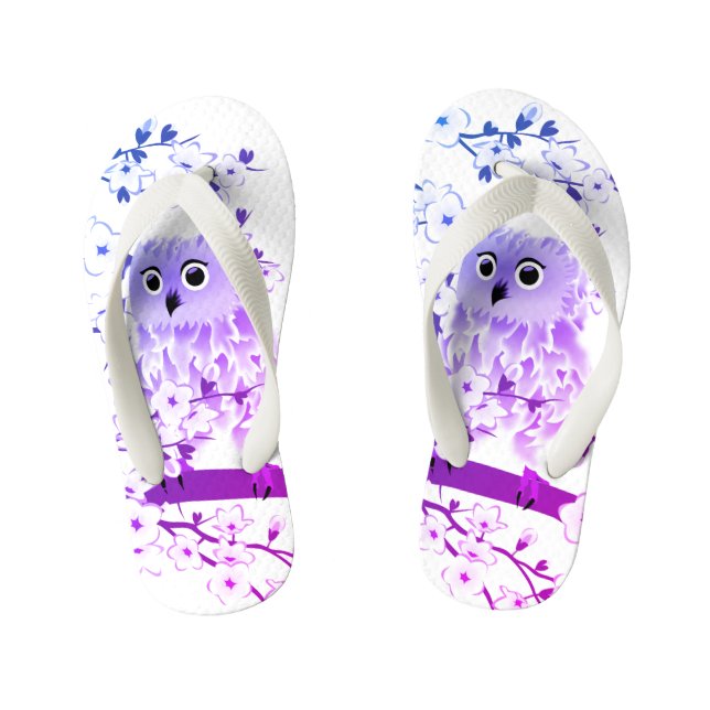 Cute Owl And Cherry Blossom Pink Purple Kid's Flip Flops (Footbed)
