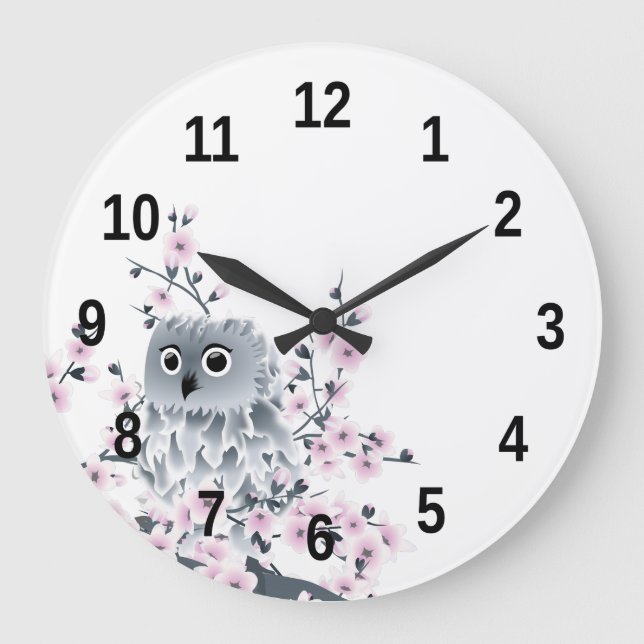 Cute Owl and Cherry Blossoms Numbers Large Clock (Front)