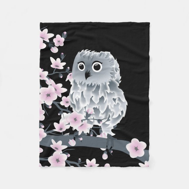 Cute Owl and Cherry Blossoms Pink Black Fleece Blanket (Front)