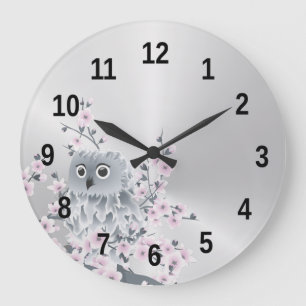 Cute Owl and Cherry Blossoms Silver Large Clock