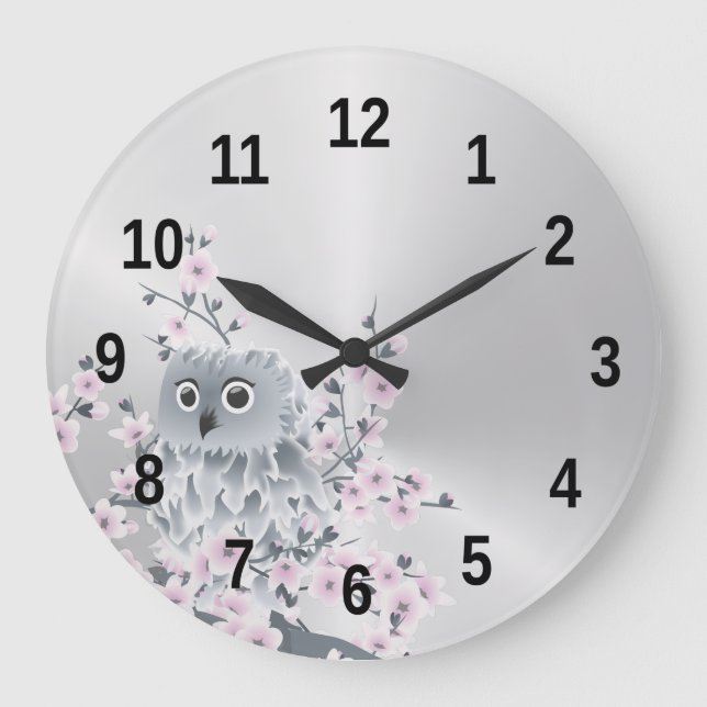 Cute Owl and Cherry Blossoms Silver Large Clock (Front)