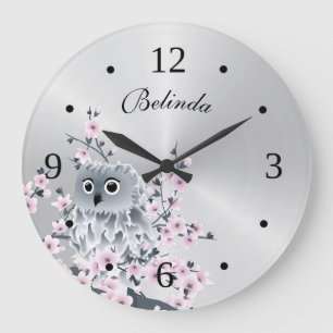 Cute Owl and Cherry Blossoms Silver Monogram Large Clock
