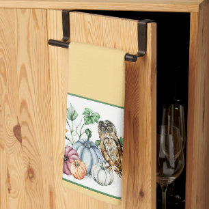 Cute Owl and fall pumpkins  Tea Towel