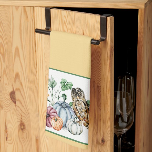 Cute Owl and fall pumpkins  Tea Towel (Thirds Fold)