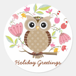 Cute Owl and Flowers Holiday Greetings Stickers