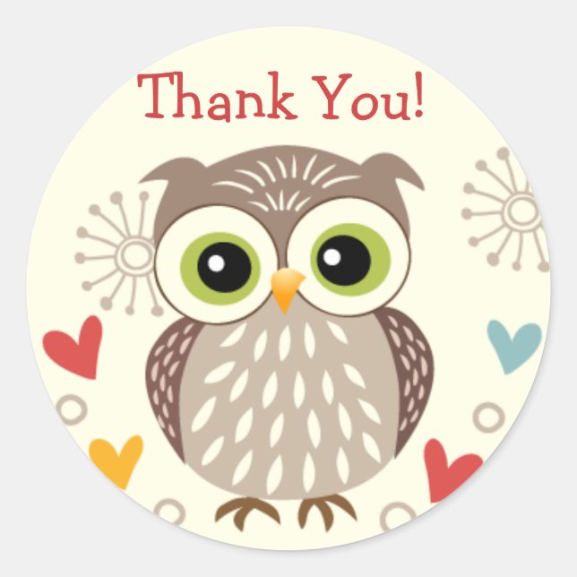 Cute Owl and Hearts Thank you Stickers (Front)