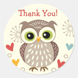 Cute Owl and Hearts Thank you Stickers