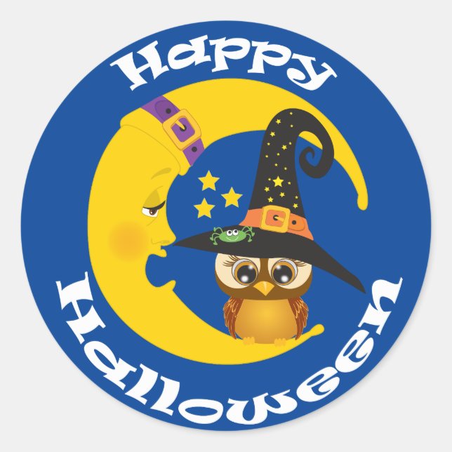 Cute Owl and Moon Halloween Classic Round Sticker (Front)