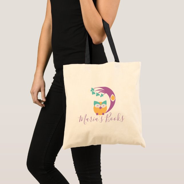 Cute Owl and Tree Custom Name Library Books Tote Bag (Front (Product))