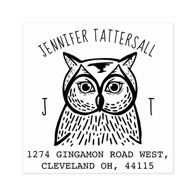 Cute Owl Animal Monogram & Name Return Address Rubber Stamp (Imprint)