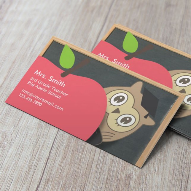 Cute Owl & Apple Chalkboard Teacher Business Card (Creator Uploaded)