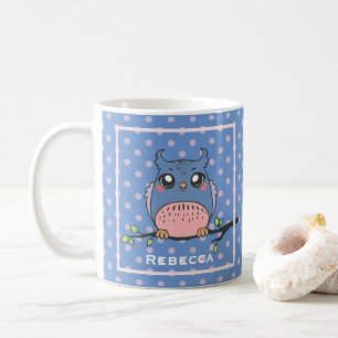 Cute Owl Art Dotty Personalised Blue and Pink Coffee Mug