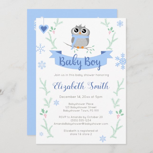 Cute owl baby boy winter babyshower invitation (Front/Back)