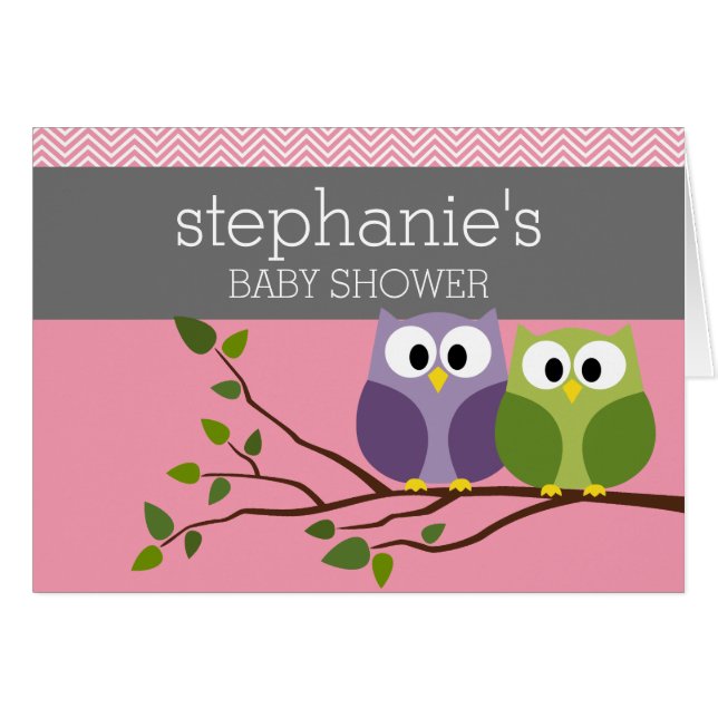 Cute Owl - Baby Girl Shower Pink Greeting Card (Front Horizontal)