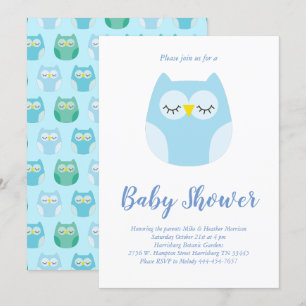 Cute Owl Baby Shower Blue Bird Boy Invitation