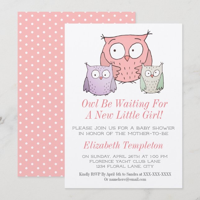 Cute Owl Baby Shower It's a Girl Pink Invitation (Front/Back)